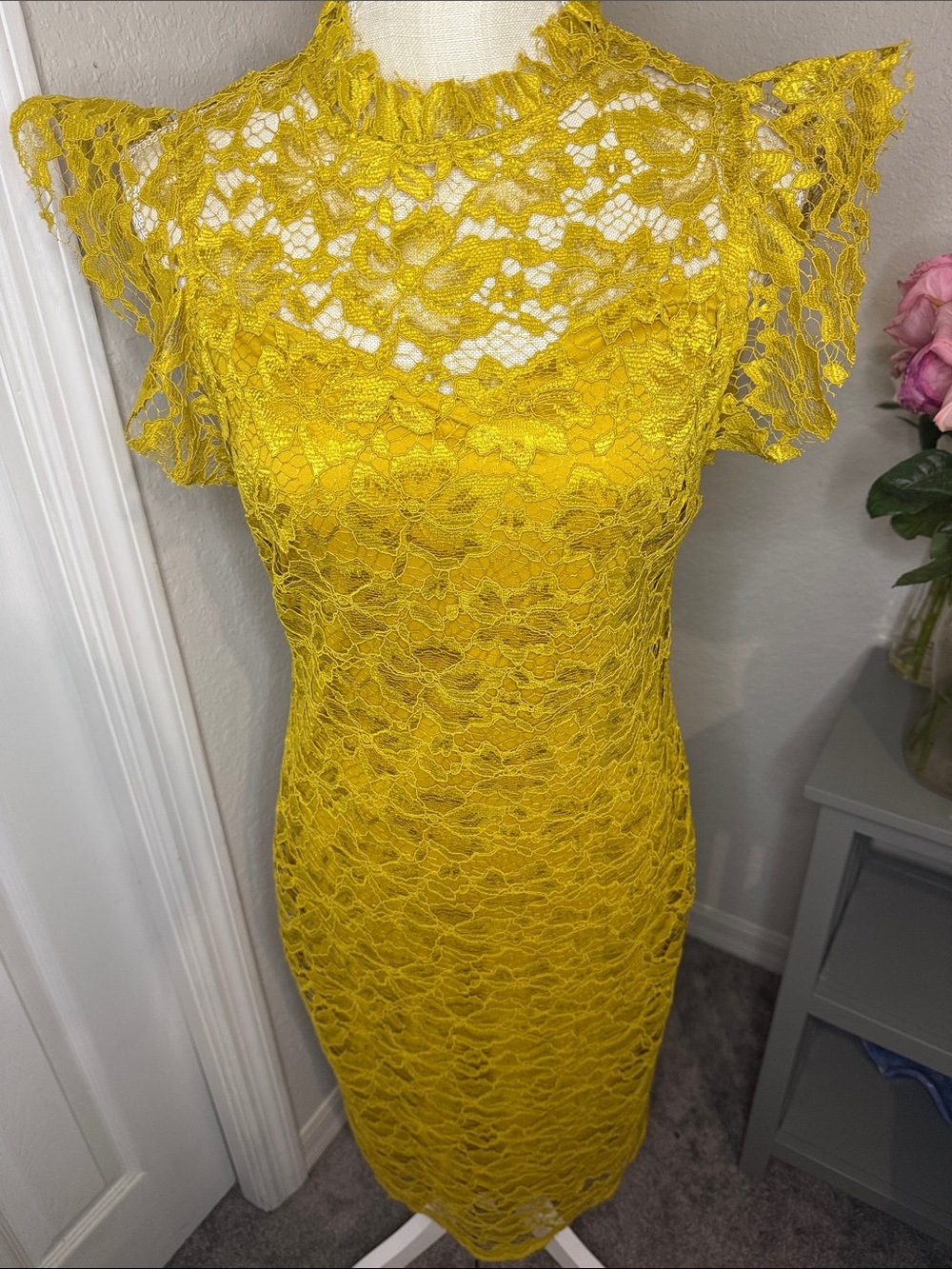 Lace Flutter Sleeve Sheath Dress in Yellow Mustard